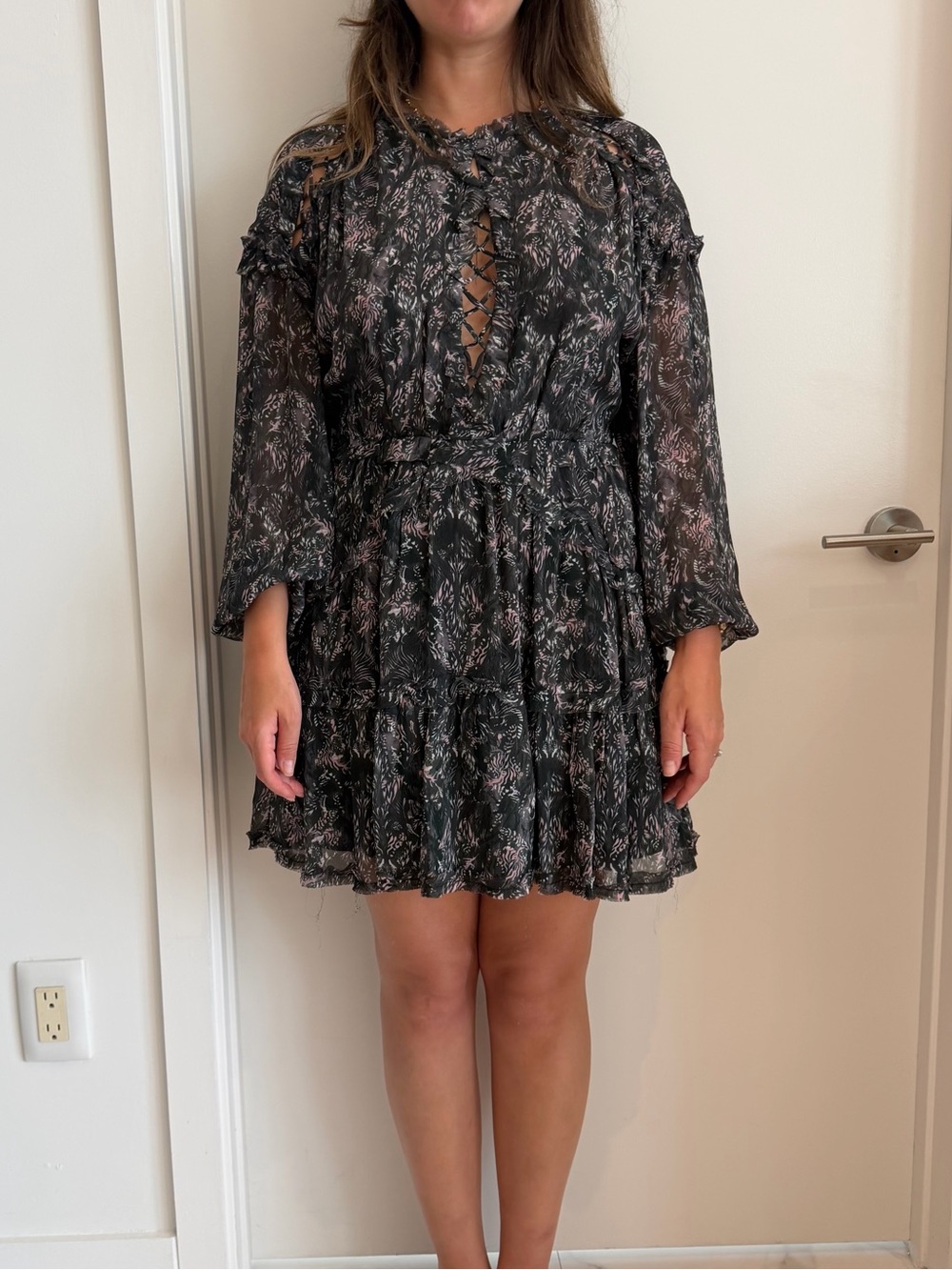 IRO Grey Lace-Up Tiered Mini Dress with Baby Pink and Baby Blue Accents